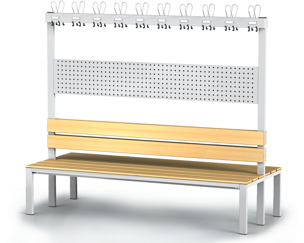 Oboustranná lavice s opěradlem a věšáky, bukové latě - základní provedení 1800 x 2000 x 830